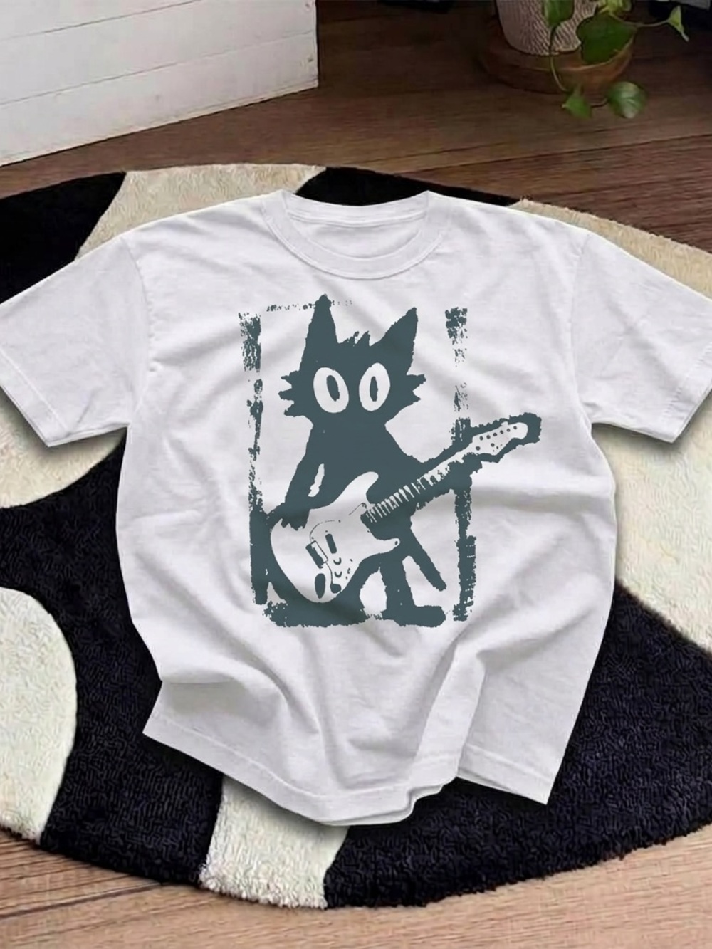 Cat with Guitar Shirt, Indie Music Graphic Cat Guitar Tee - Unbranded